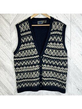 Vintage Etchings Knit Sweater Vest Mens Size Large 100% Wool Blue Dad Grandpa
